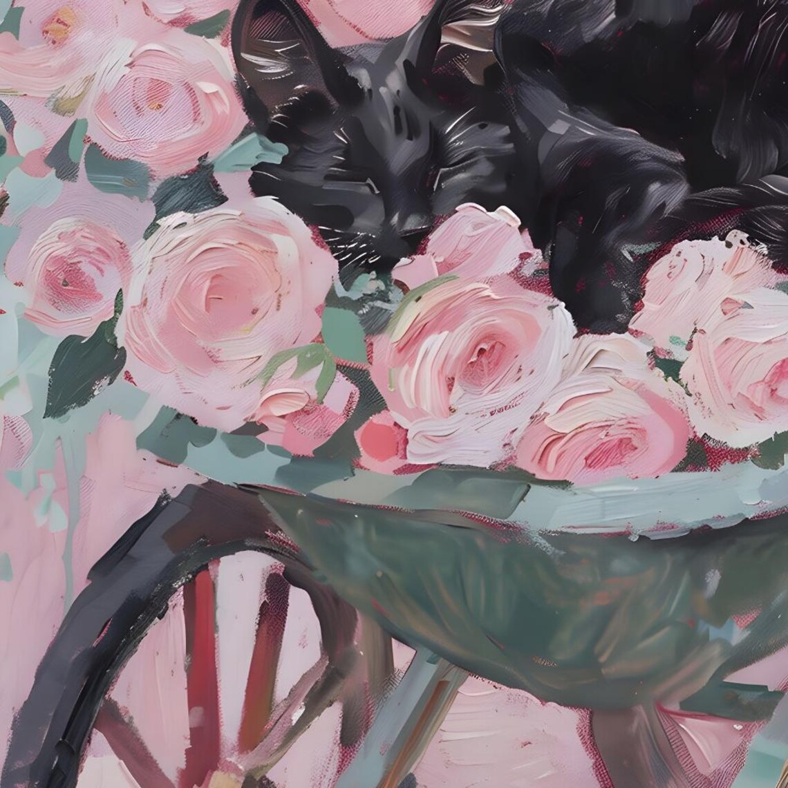 Black Cat Sleeping In Wheelbarrow Of Pink Roses Garden Poster - Image 3