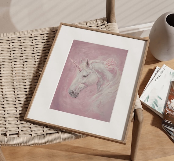 White Unicorn Portrait with Pink Roses Magical Fantasy Art Print