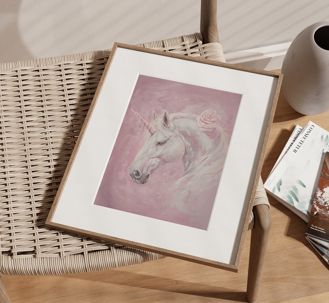 White Unicorn Portrait with Pink Roses Magical Fantasy Art Print