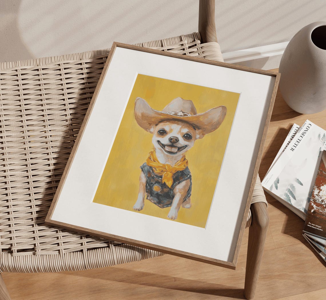 Chihuahua Cowdog Tan Chihuahua Chihuahua Dog Nursery Wall Art Puppy Dog Painting Giftful Chihuahua Western Dog Art Vintage Cowboy Dog - Image 3