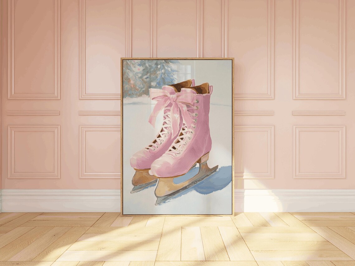 Pink Ice Skates Big Pink Bow Winter Painting Feminine Poster