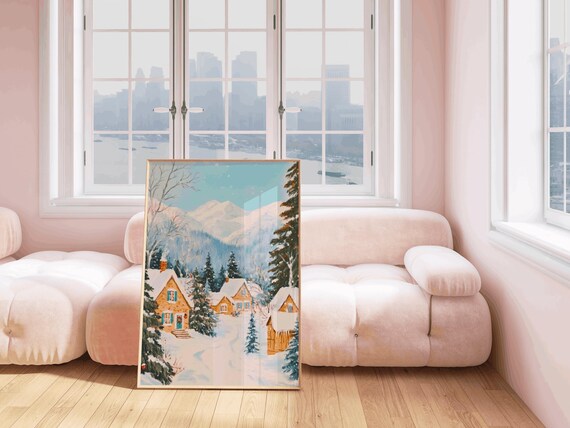 Snowy Christmas Town Wall Art Snowy Winter Village Print Cute Winter Town Art Christmas Wall Decor Cottagecore Winter