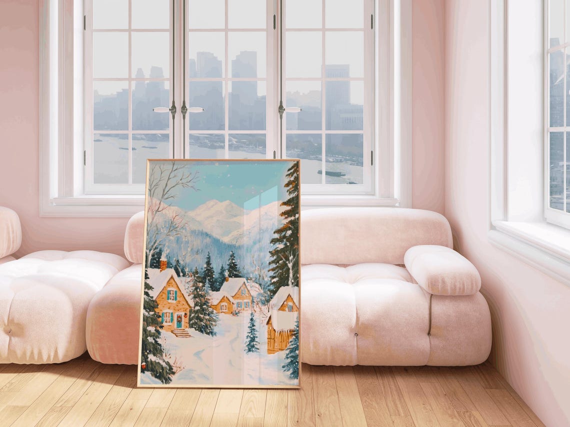 Snowy Christmas Village Cabins Mountain Winter Wonderland Poster