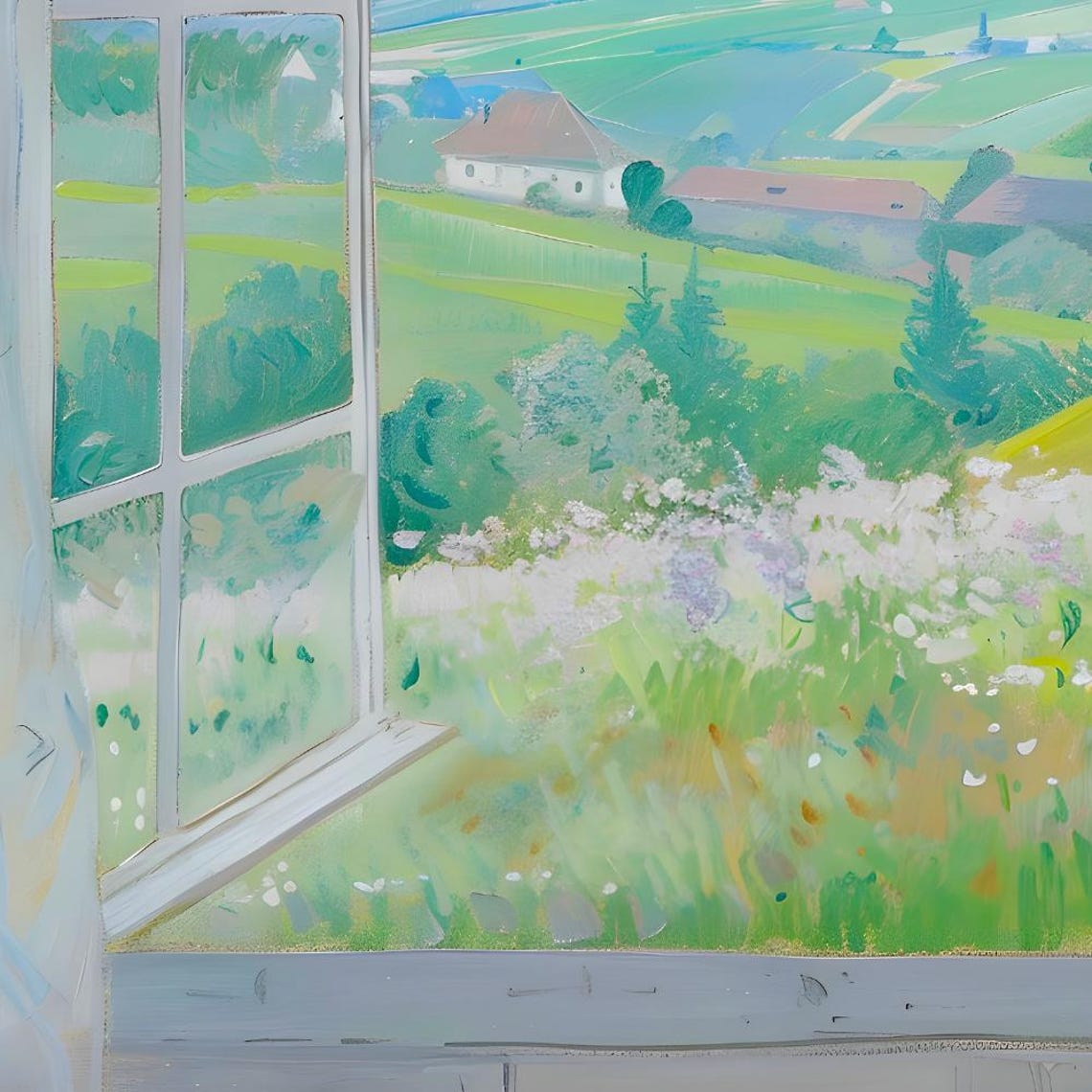 Sheer White Lace Curtains Open Window Meadow Landscape Poster - Image 3