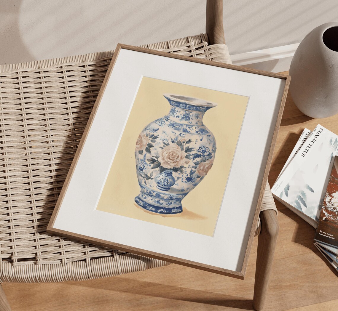 Pink Chinoiserie Vase Painting Blue Floral Porcelain Art Poster - Image 3