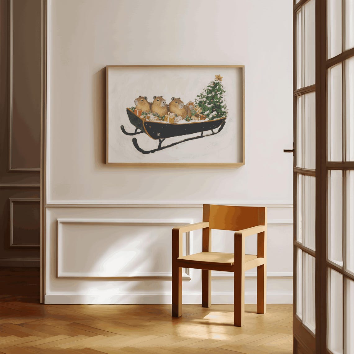 Three Capybaras Riding a Sleigh with Christmas Tree Holiday Poster - Image 2