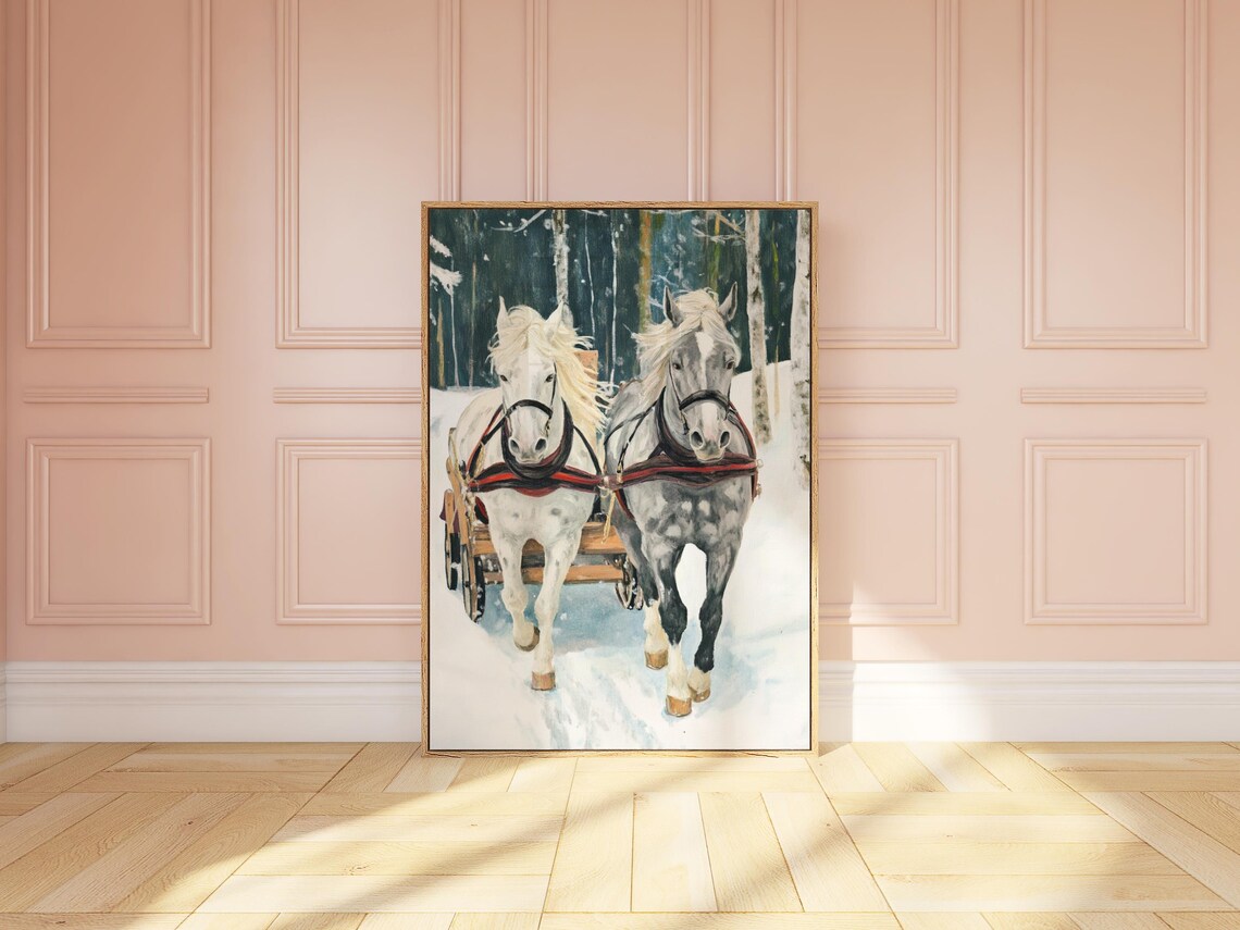 Winter Horse Carriage Wall Art Equestrian Winter Scene Farmhouse Christmas Decor Winter Horses Horse Lover Gift Horse Mom