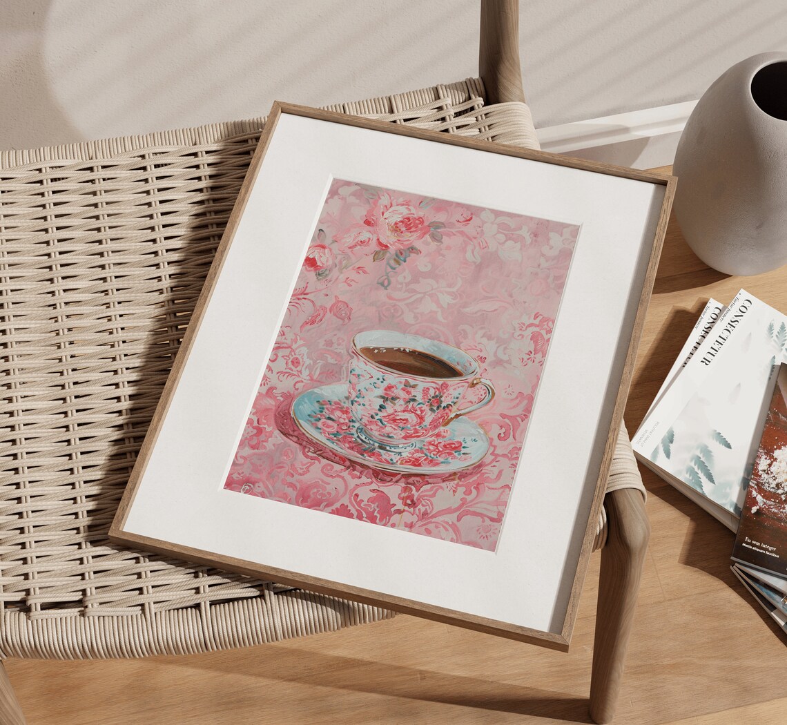Pink Chinoiserie Teacup Floral Still Life Painting Art Print