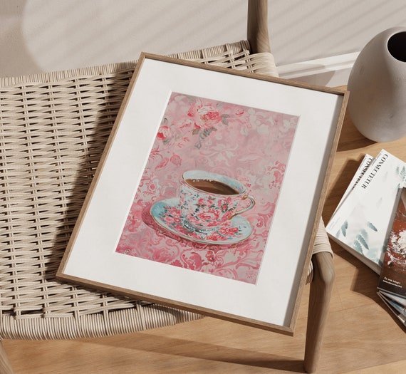 Pink Chinoiserie Tea Cup Grandmas Teacup Pink Print Wall Art Trendy Decor Abstract Vintage Painting English Garden