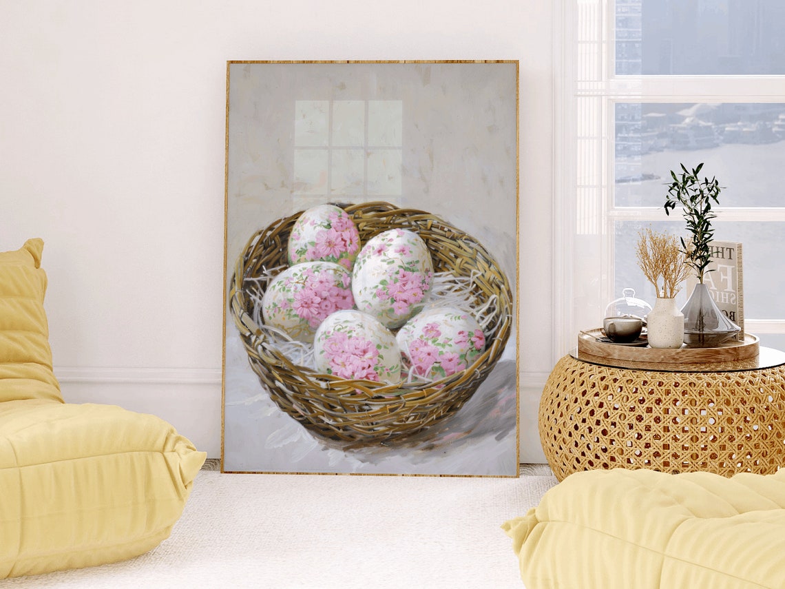Basket Of Eggs Painting White Flowers Vase Art Farmhouse Kitchen Art Print Art Country Art Print Neutral Still Life Painting - Image 2