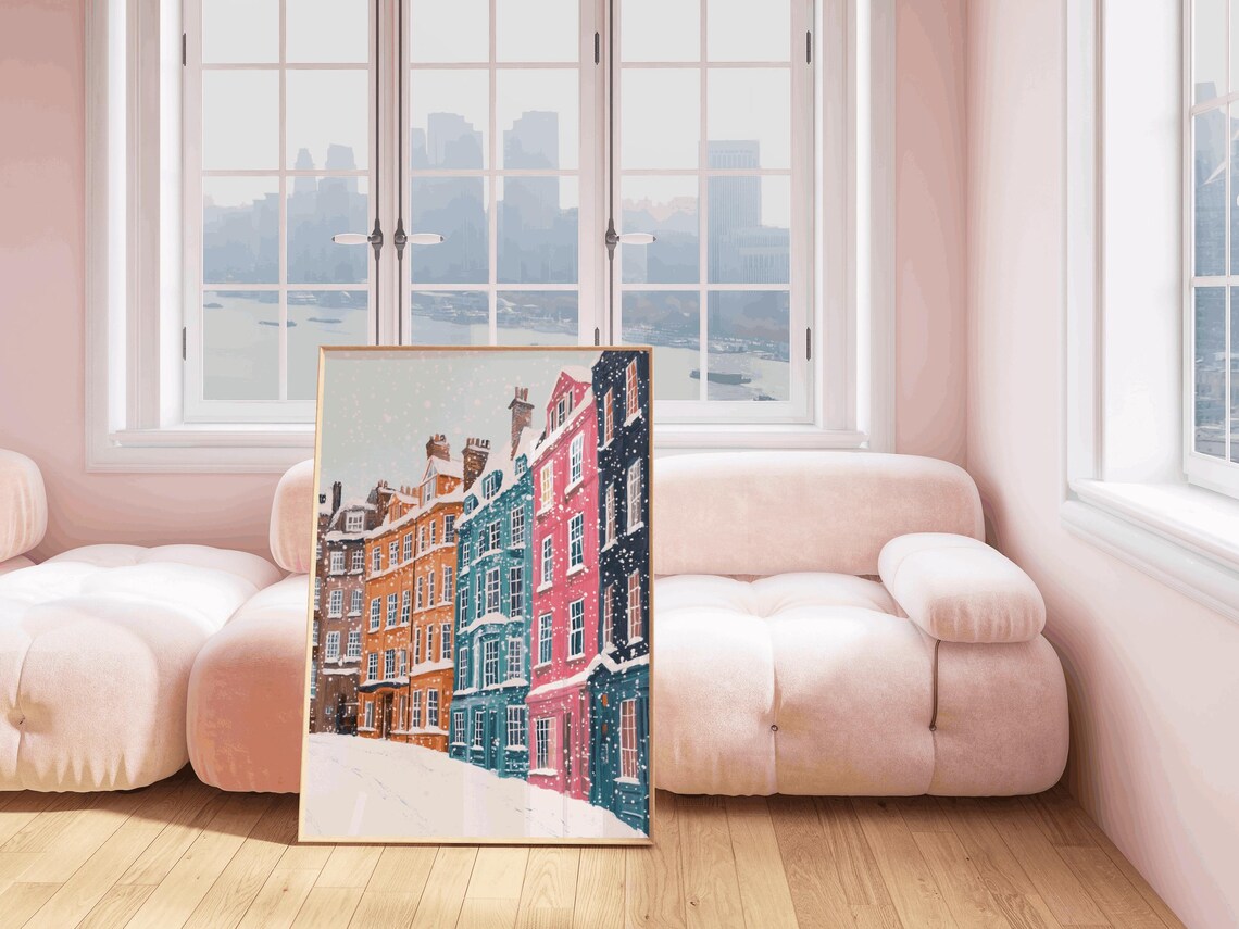 Colorful English Townhouses in Snow with City Skyline Winter Poster
