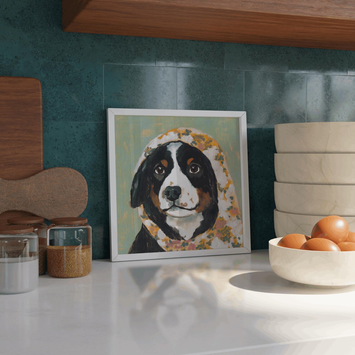 Bernese Mountain Dog Puppy In Floral Blanket Portrait Poster - Image 3