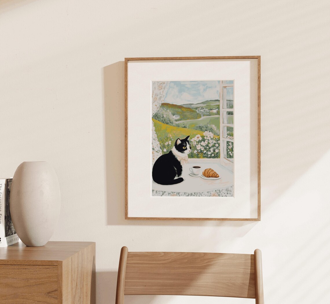 Tuxedo Cat Cafe Art Print, Black And White Cat - Image 3