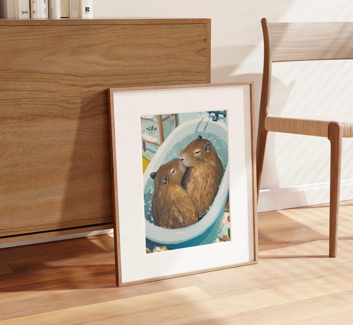 Two Capybaras Cuddling Blue Bathtub Funny Bathroom Humor Poster - Image 2