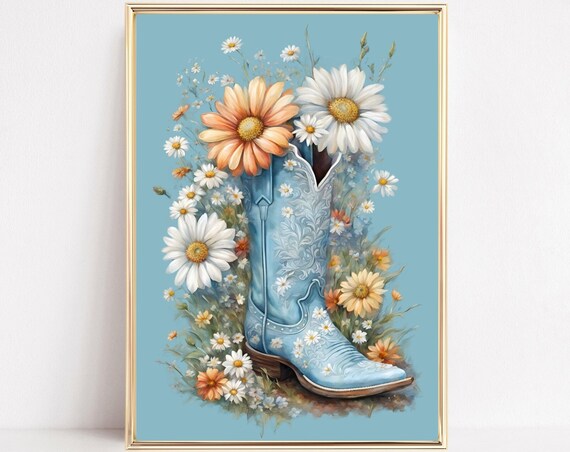 Blue Cowboy Boot Filled With White And Orange Daisies Watercolor Poster