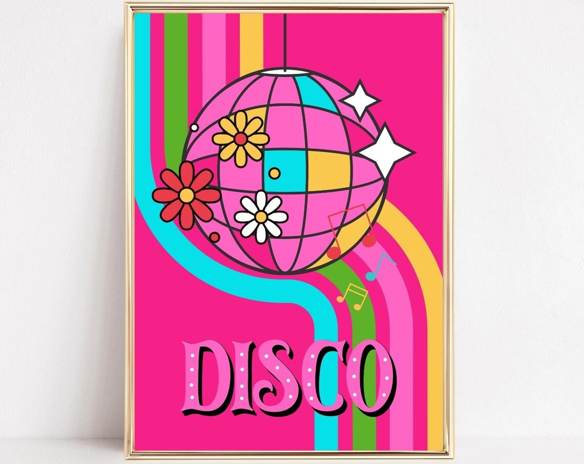 Retro Disco Ball Poster, Groovy 70s Floral Decor
