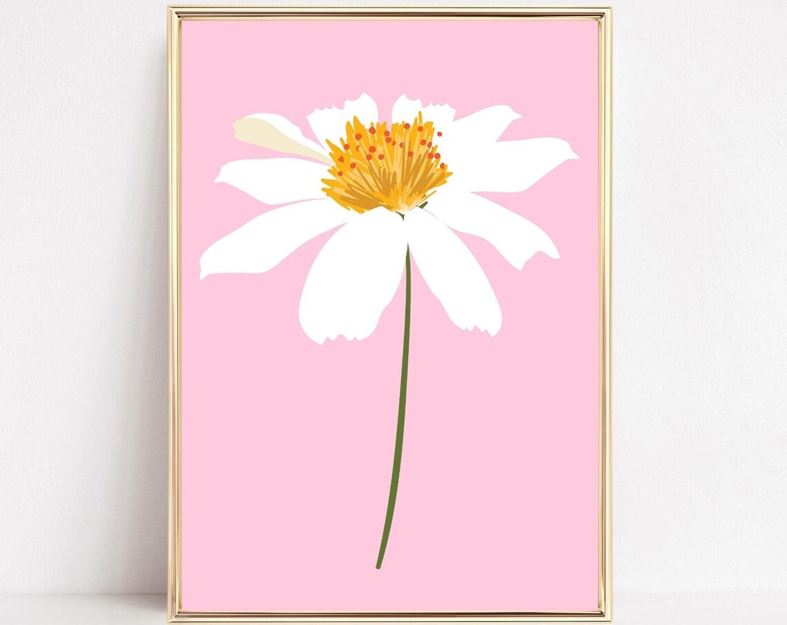 Single White Daisy Orange Center Pink Minimalist Floral Art Poster
