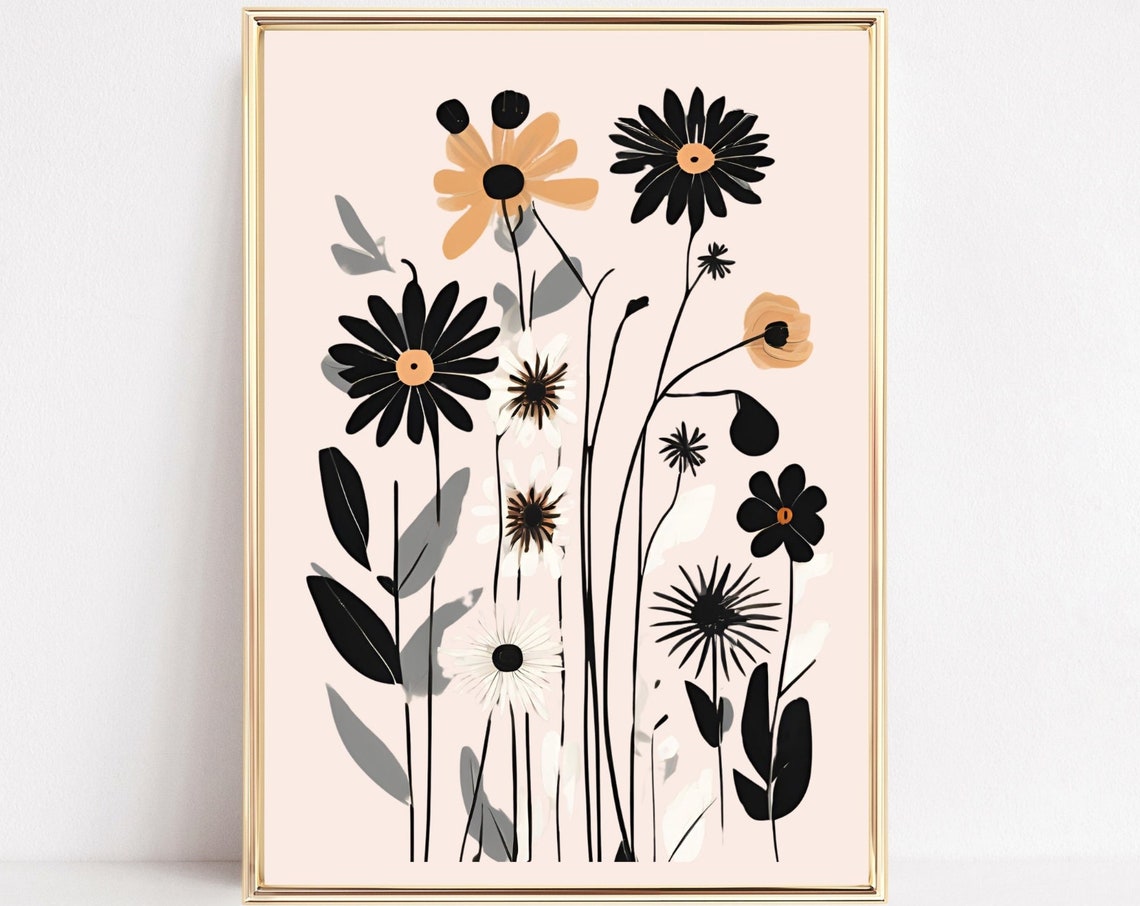 Black White Wildflower Abstract Beige Modern Botanical Poster