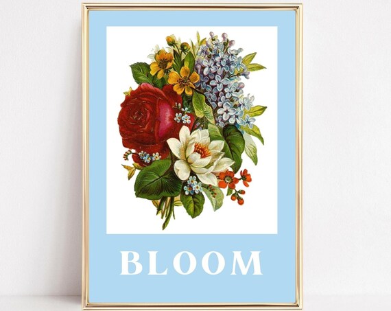 Bloom Vintage Floral Bouquet Blue Rose Lilac Flower Art Poster