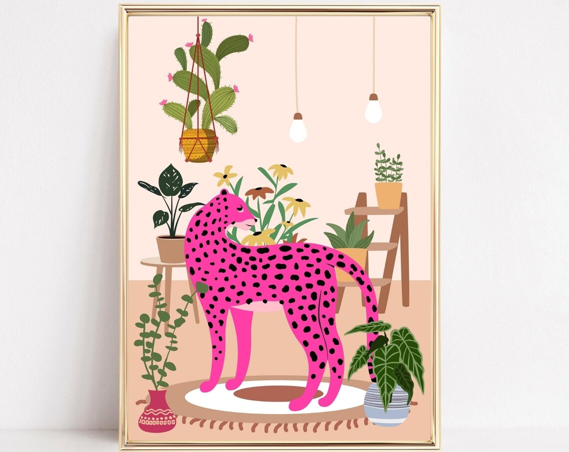 Leopard And Plants Boho Art Print, Botanical Cheetah
