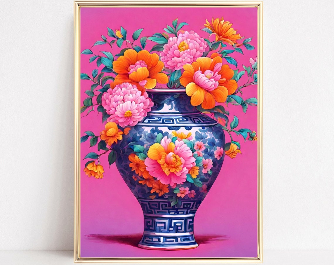 Chinoiserie Vase Peony Art Blue White Porcelain Floral Print