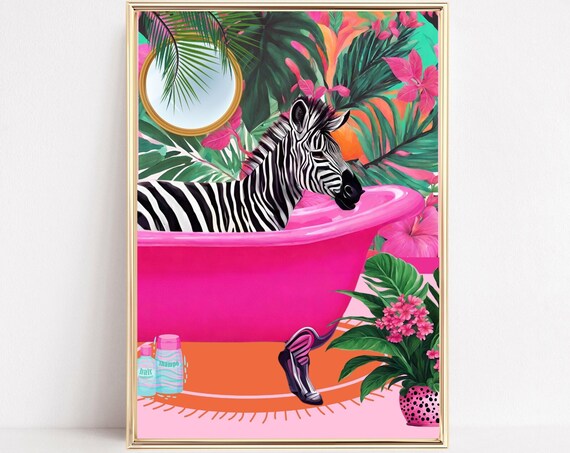Zebra Hot Pink Bathtub Art Tropical Bath Lounge Preppy Wall Print