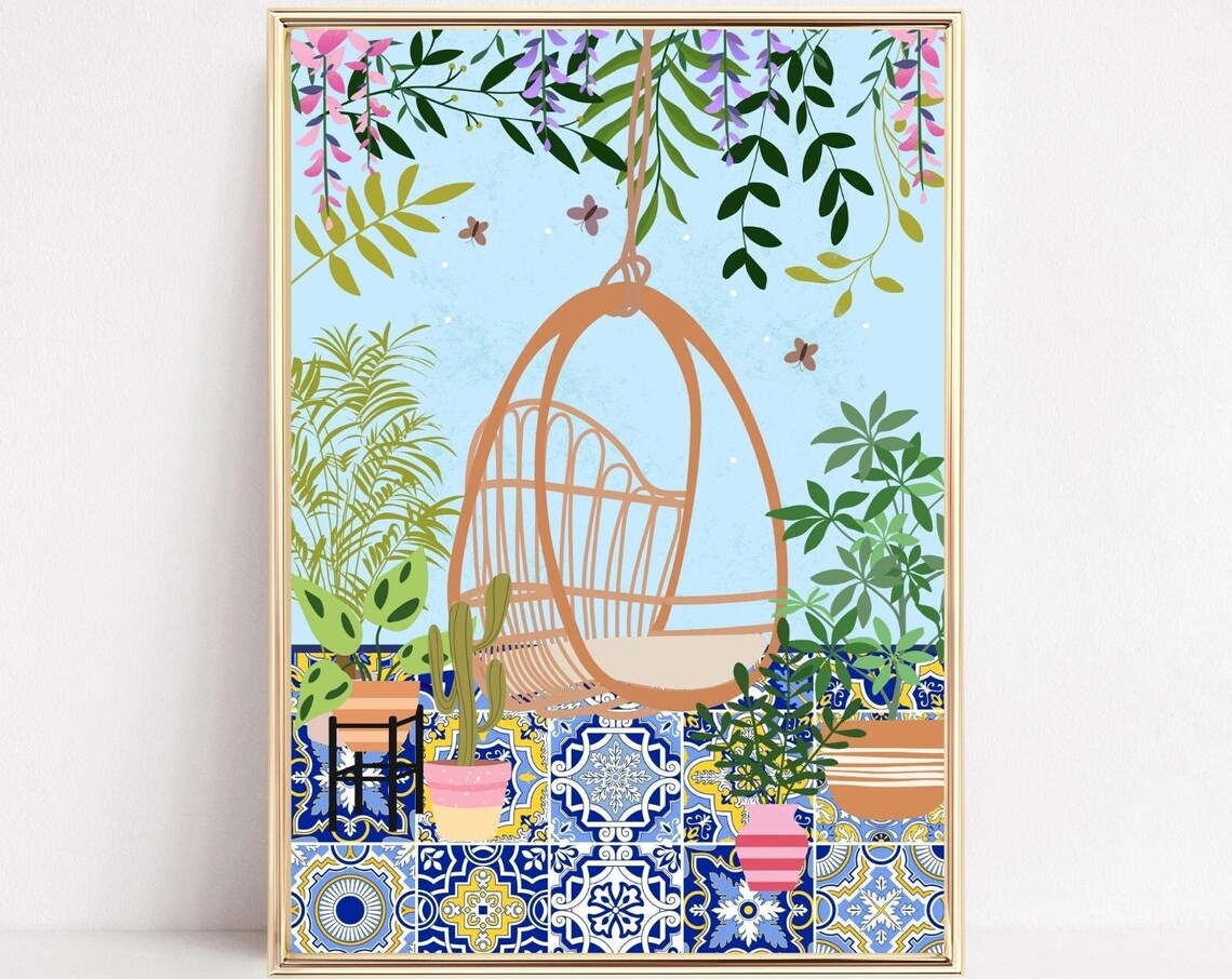 Boho Botanical Rattan Chair Art Print, Eclectic Decor