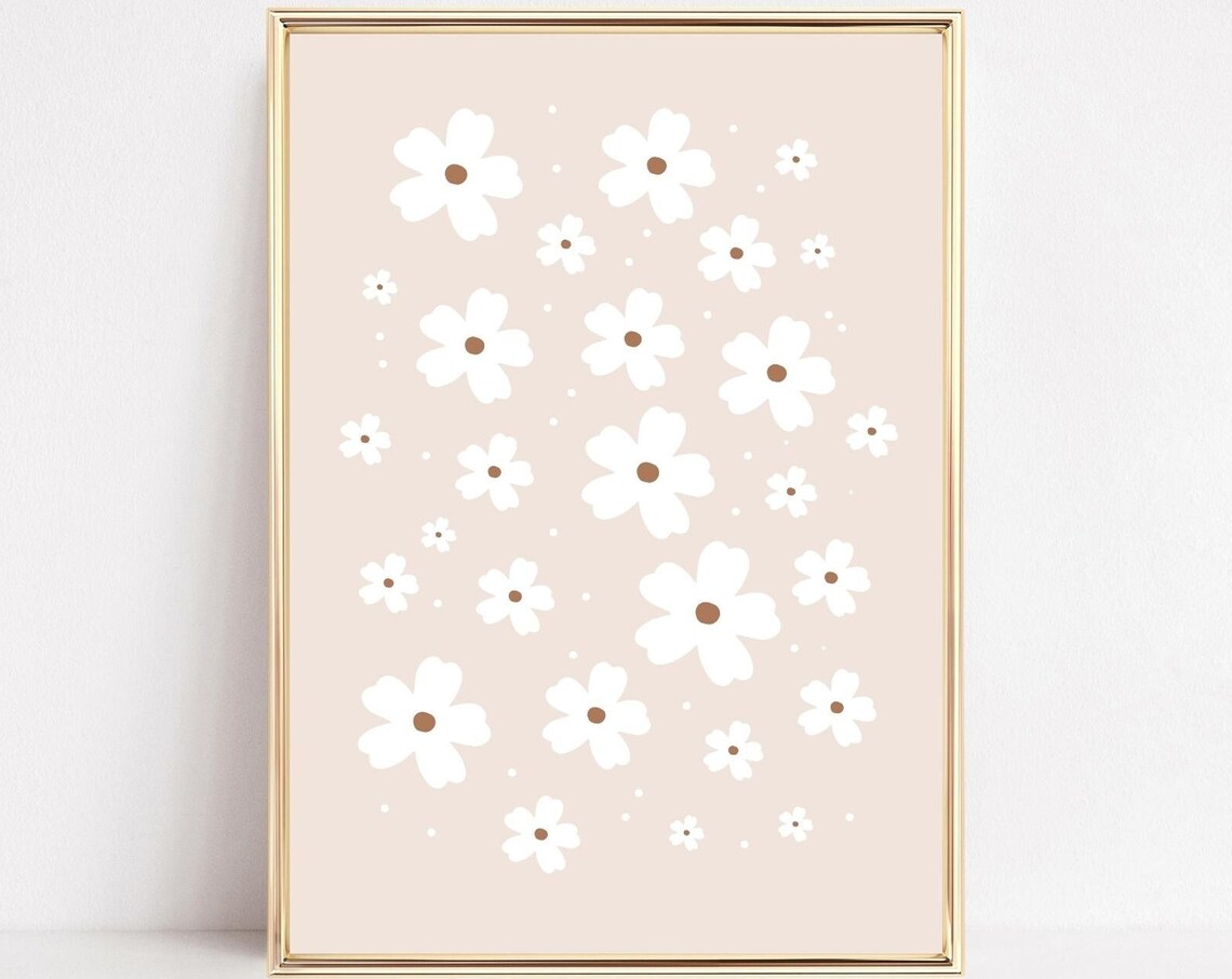 Daisies Art Print, Neutral Retro Boho Floral