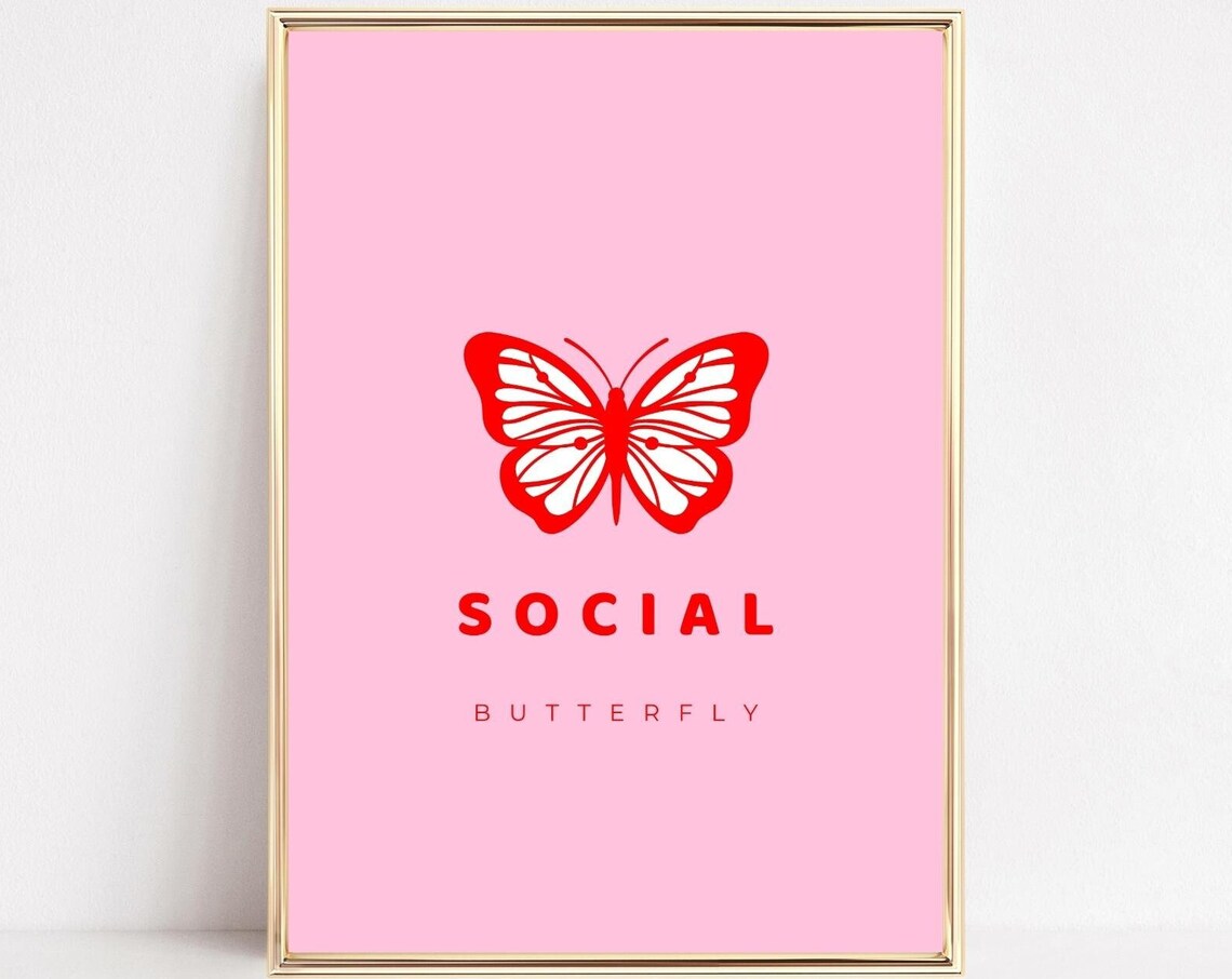 Social Butterfly Red Butterfly Pink Preppy Typography Art Poster