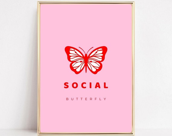 Red Butterfly Print Butterfly Wall Art Pink Red Wall Print Prints Neon Red Retro Pink Kitchen Living Room Poster Gallery Wall