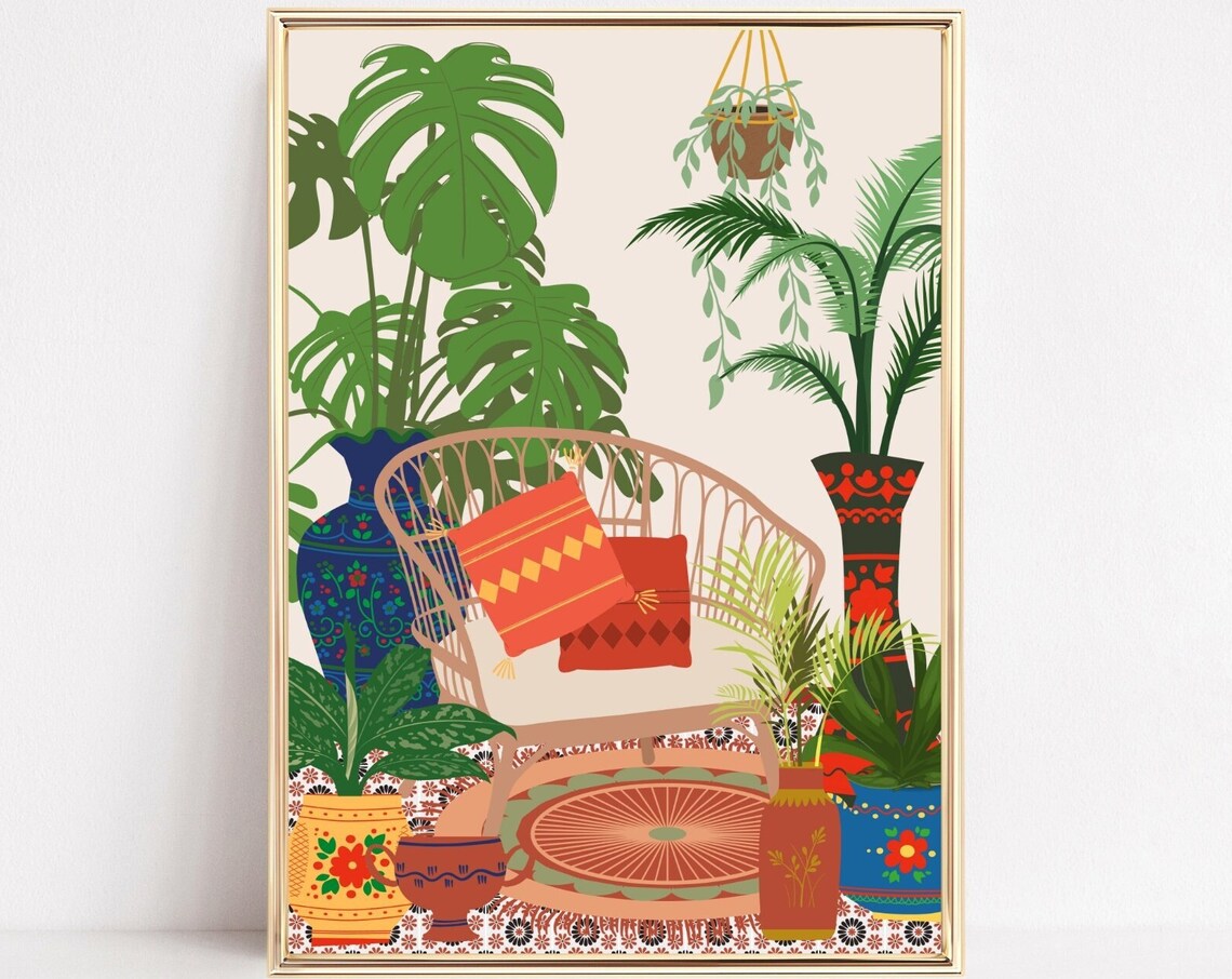 Garden Patio Retro House Plants, Boho Botanical Art Print