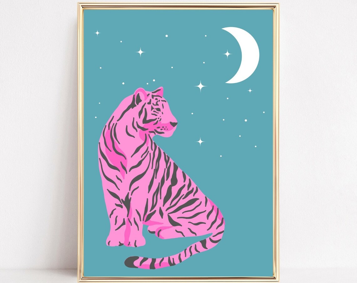 Pink Tiger Art Print, Boho Jungle Wall Decor