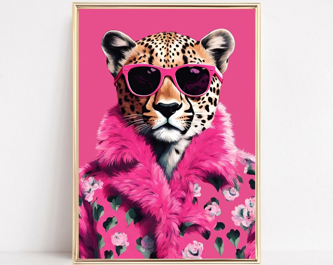 Cheetah Pink Fur Coat Sunglasses Bold Pop Art Animal Portrait Poster