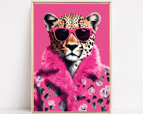 Cheetah Pink Fur Coat Sunglasses Bold Pop Art Animal Portrait Poster