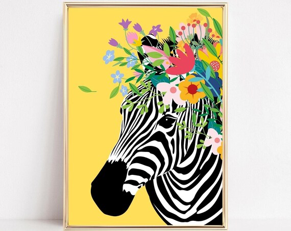 Zebra Flower Crown Yellow Tropical Retro Animal Portrait Poster