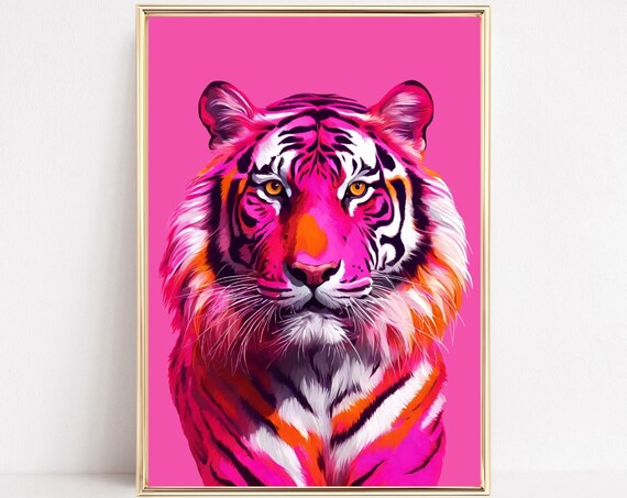 Neon Pink Tiger Head Art Bold Pop Feline Portrait Statement Print