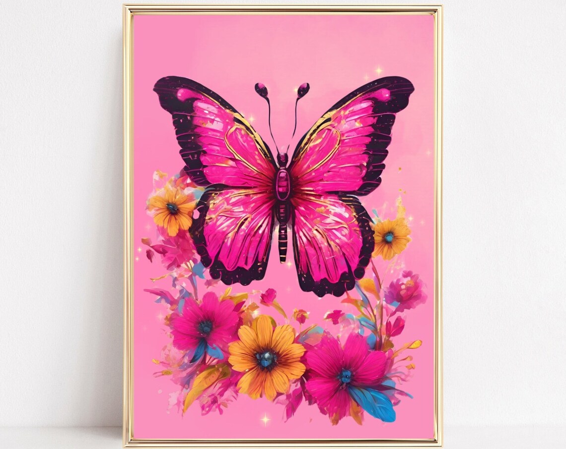 Pink Butterfly Floral Art Magenta Bloom Garden Insect Wall Print
