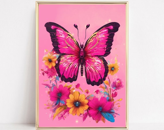 Boho Botanical Butterfly Art Print Floral Butterfly Wall Art Pink Orange Butterfly Decor Wall Art Butterfly Gift Cottagecore Art
