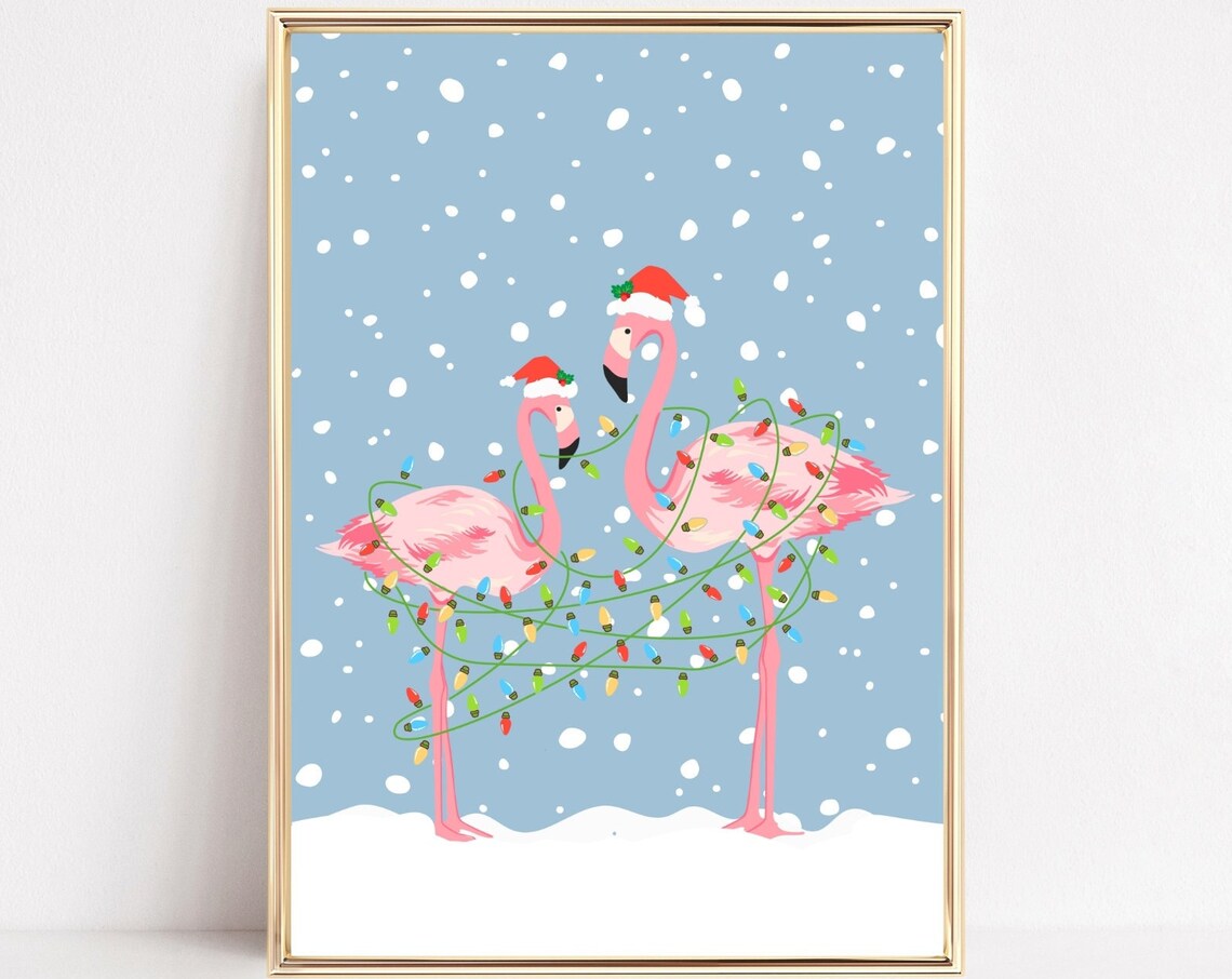 Christmas Flamingo Art Print, Festive Holiday Decor