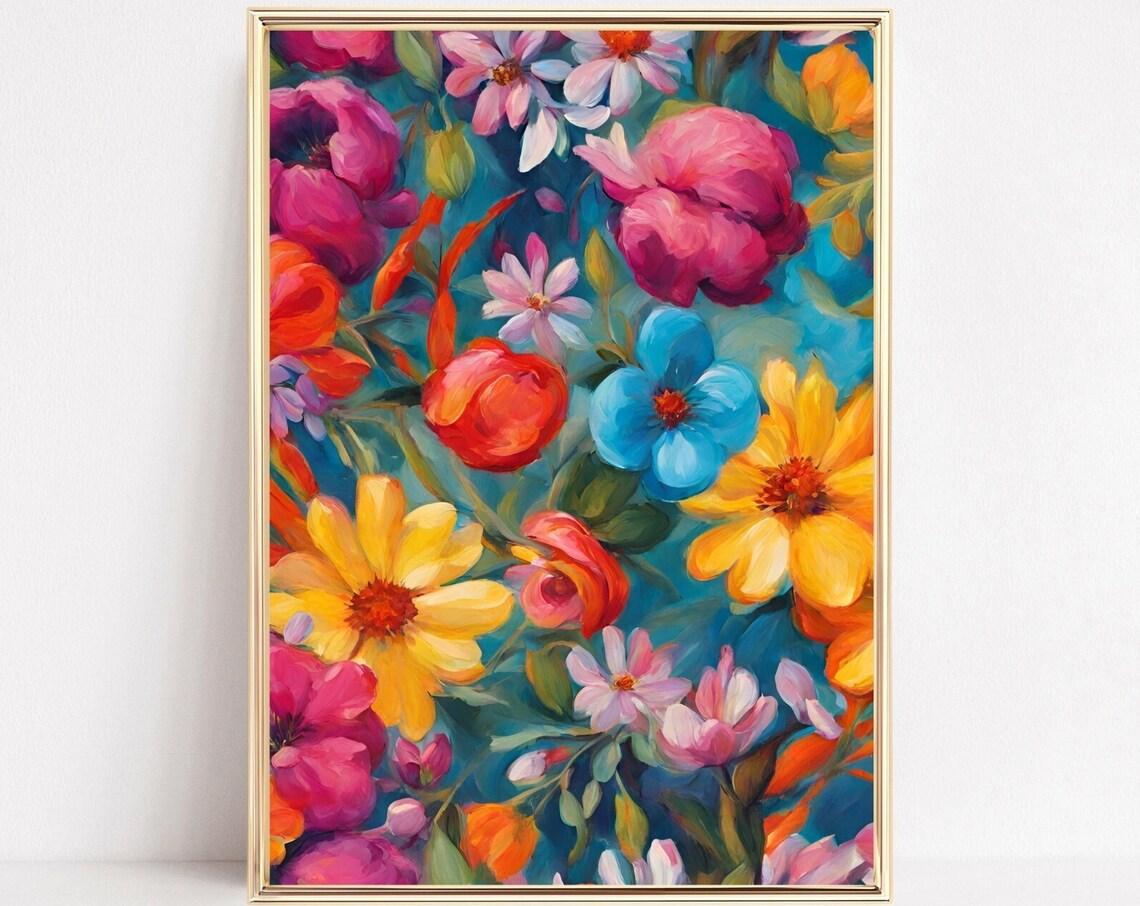 Maximalist Floral Garden Art Bold Pink Blue Yellow Bloom Print