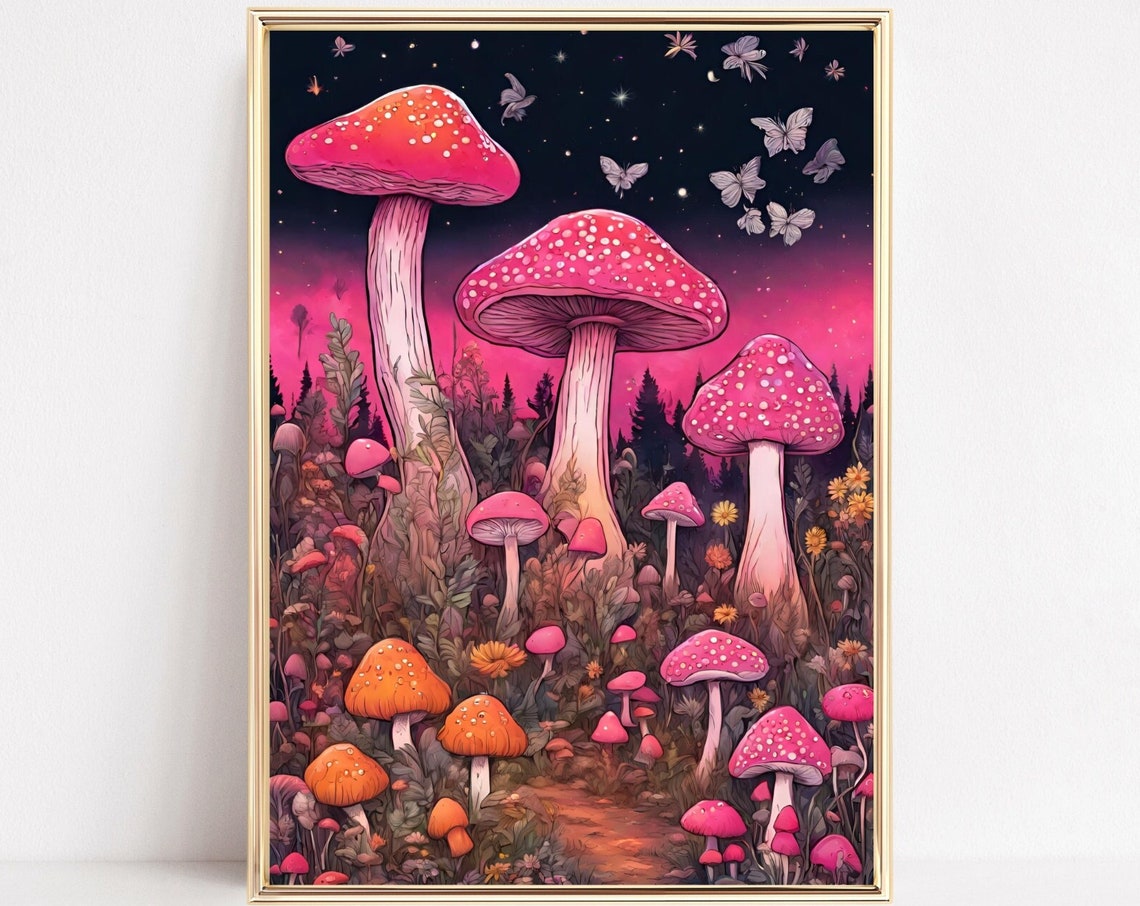 Magical Pink Mushroom Night Art Starry Forest Toadstool Print