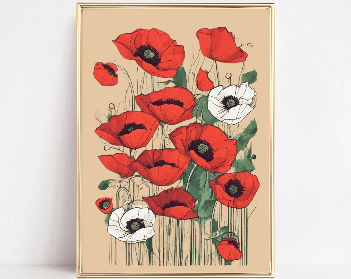 Red White Poppies Beige Background Watercolor Botanical Flower Poster