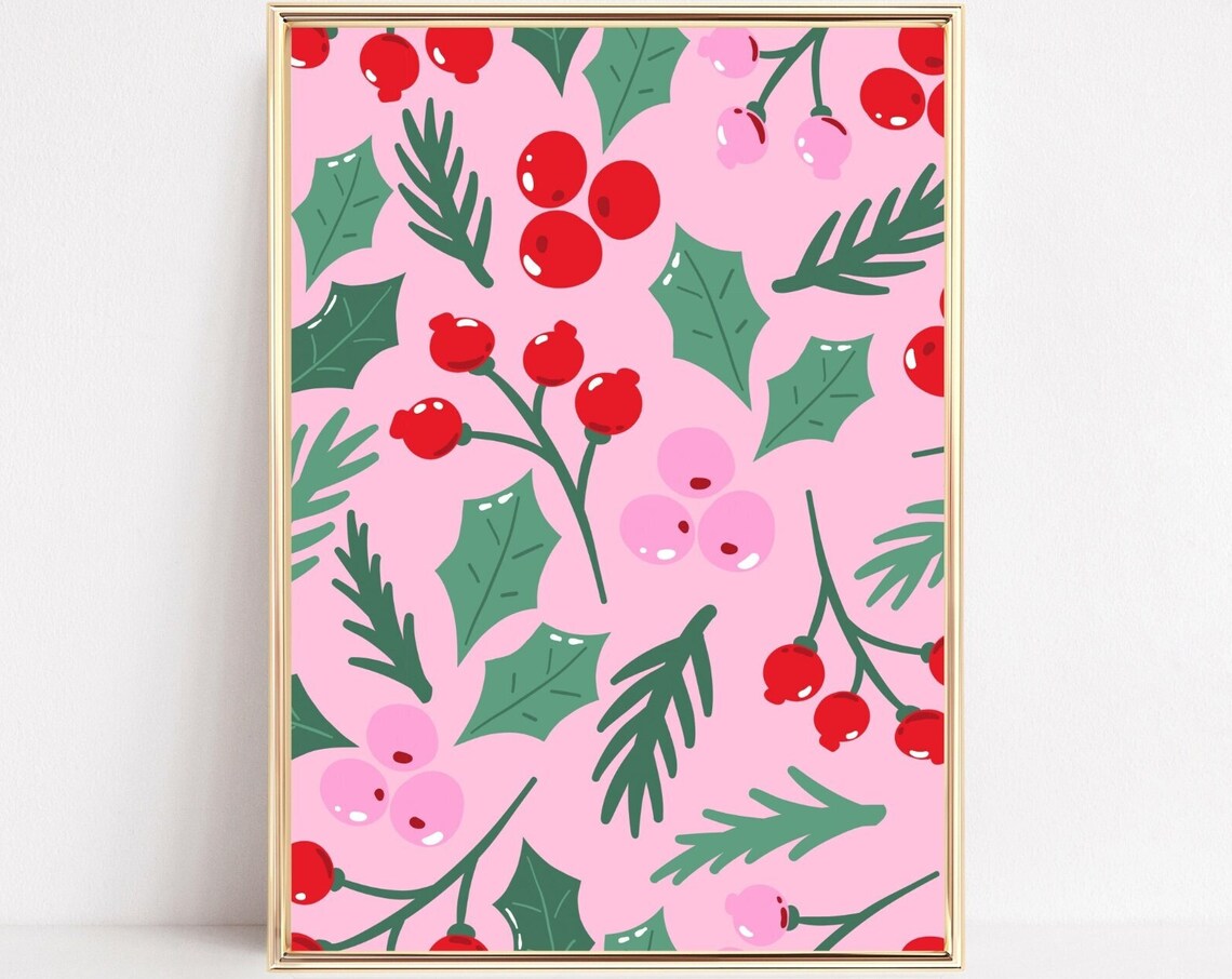 Christmas Botanical Art Print, Boho Holly Decor