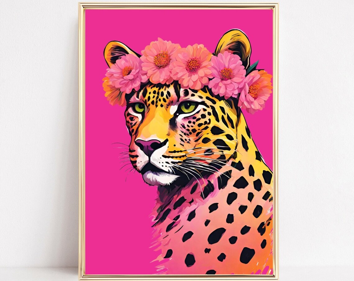 Leopard Flower Crown Pop Art Hot Pink Bold Feline Portrait Print
