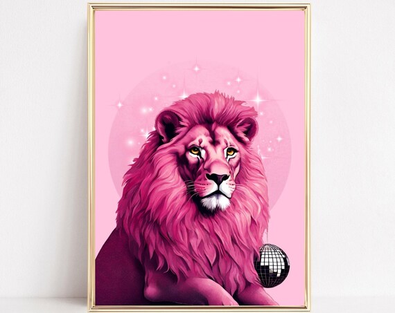 Pink Lion Disco Ball Sparkle Preppy Jungle Cat Portrait Poster