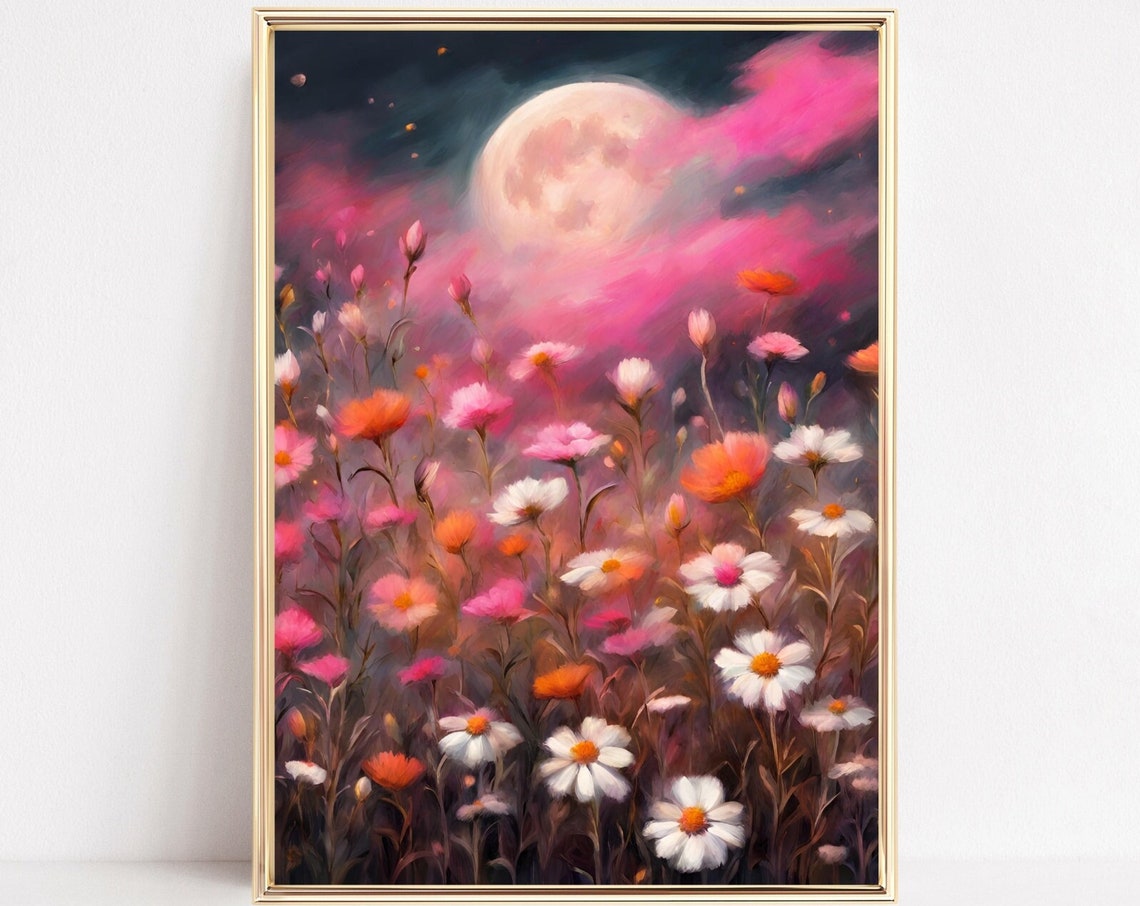Full Moon Wildflower Night Art Blush Daisy Meadow Dream Print