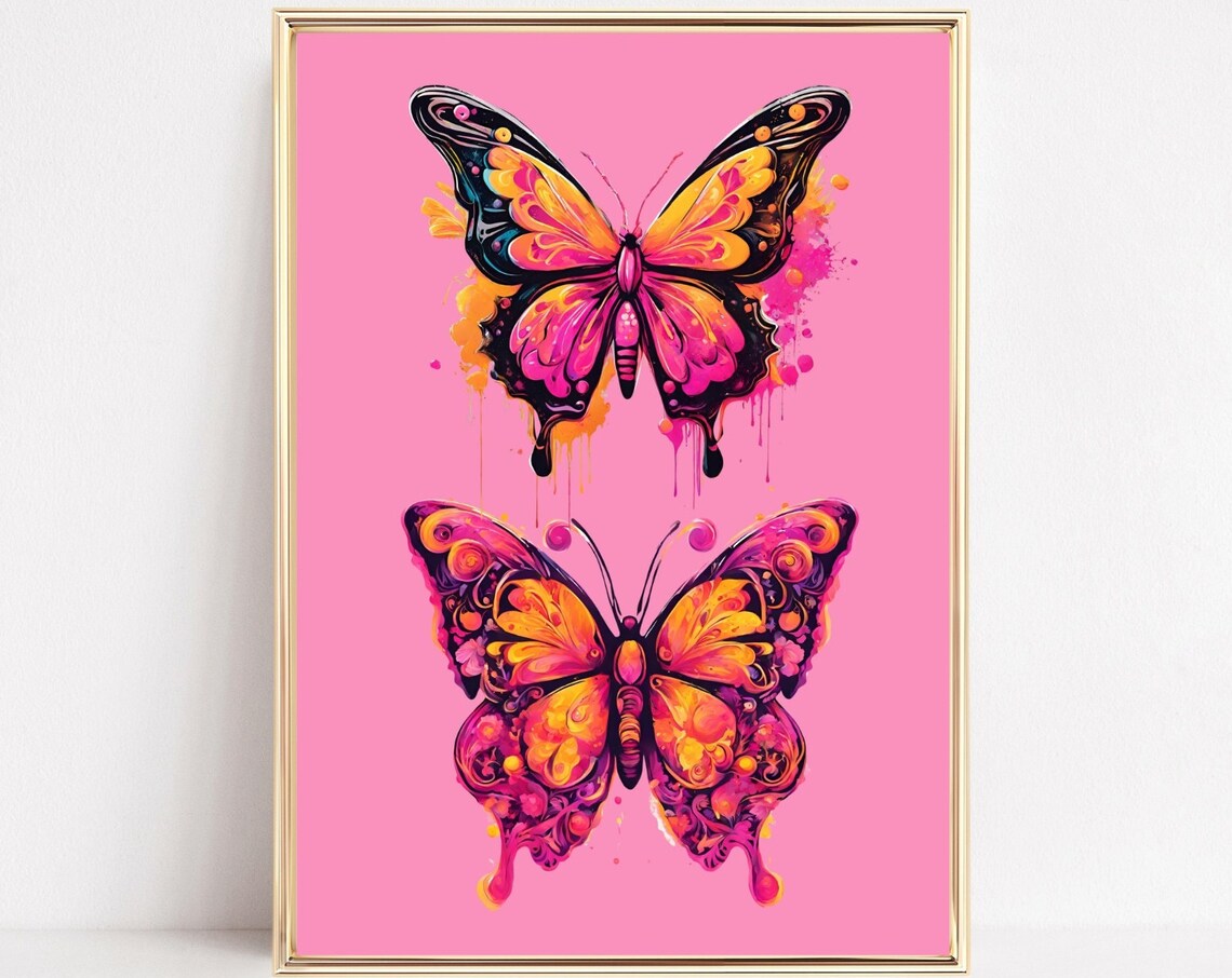 Neon Butterfly Graffiti Art Pink Orange Drip Pop Insect Wall Print