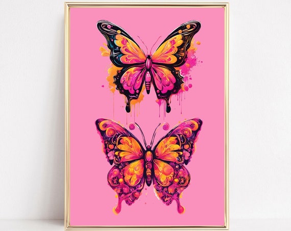 Butterfly Pink And Orange Preppy Wall Art Funky Art Print Butterfly Wall Art Girly Butterfly Art Trendy Floral Art Maximalist Print