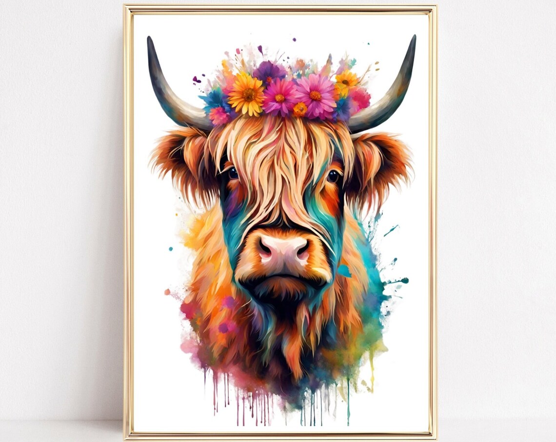Botanical Watercolor Highland Cow Art Print