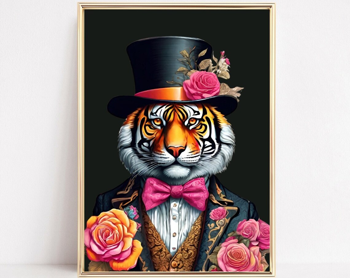 Dapper Tiger Fashion Art Top Hat Pink Bow Tie Rose Portrait Print
